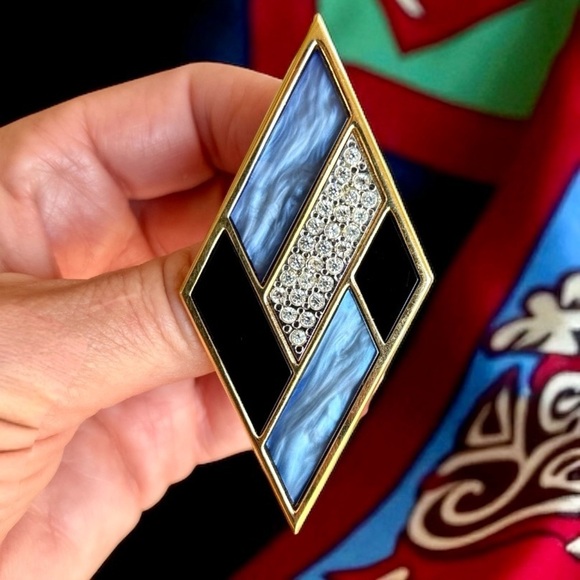 YVES SAINT LAURENT RARE Vintage Enamel Crystal Architectural Brooch Signed 80s
